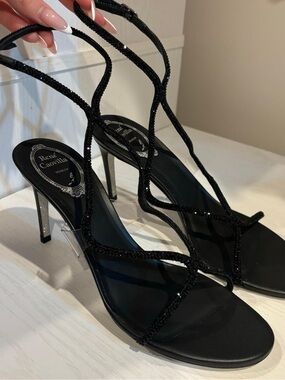 Vintage Rene Caovilla Black Crystal-Strap Stiletto Sandals with Glitter Heels
